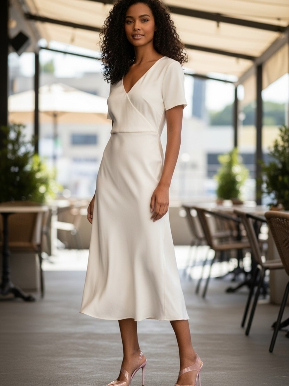 Elegant Cream V-Neck Midi Dress